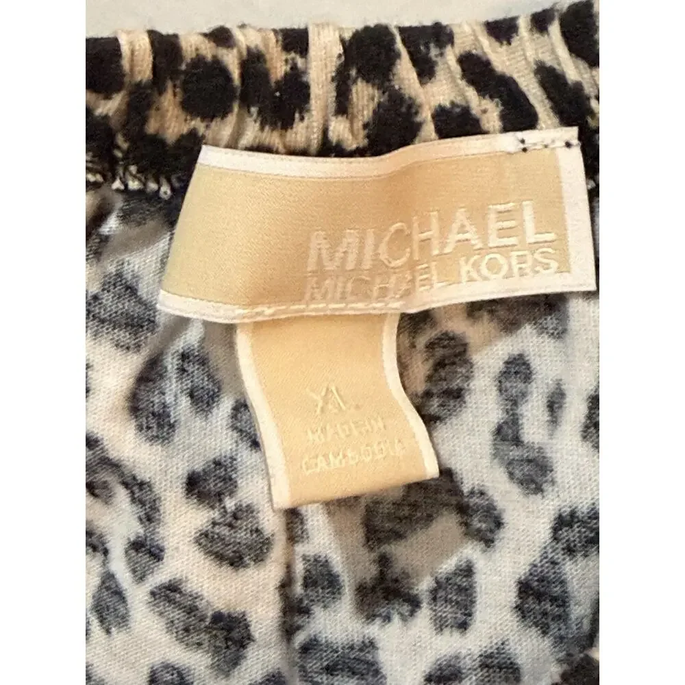 Michael Kors Leopard Print Ruched Peasant Top Women’s Large Short Sleeve Stretch